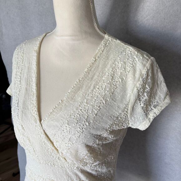 Vintage Ivory White V-neck Short-sleeve Lace Top Stretch Fitted Y2K Rafaella - Picture 3 of 7